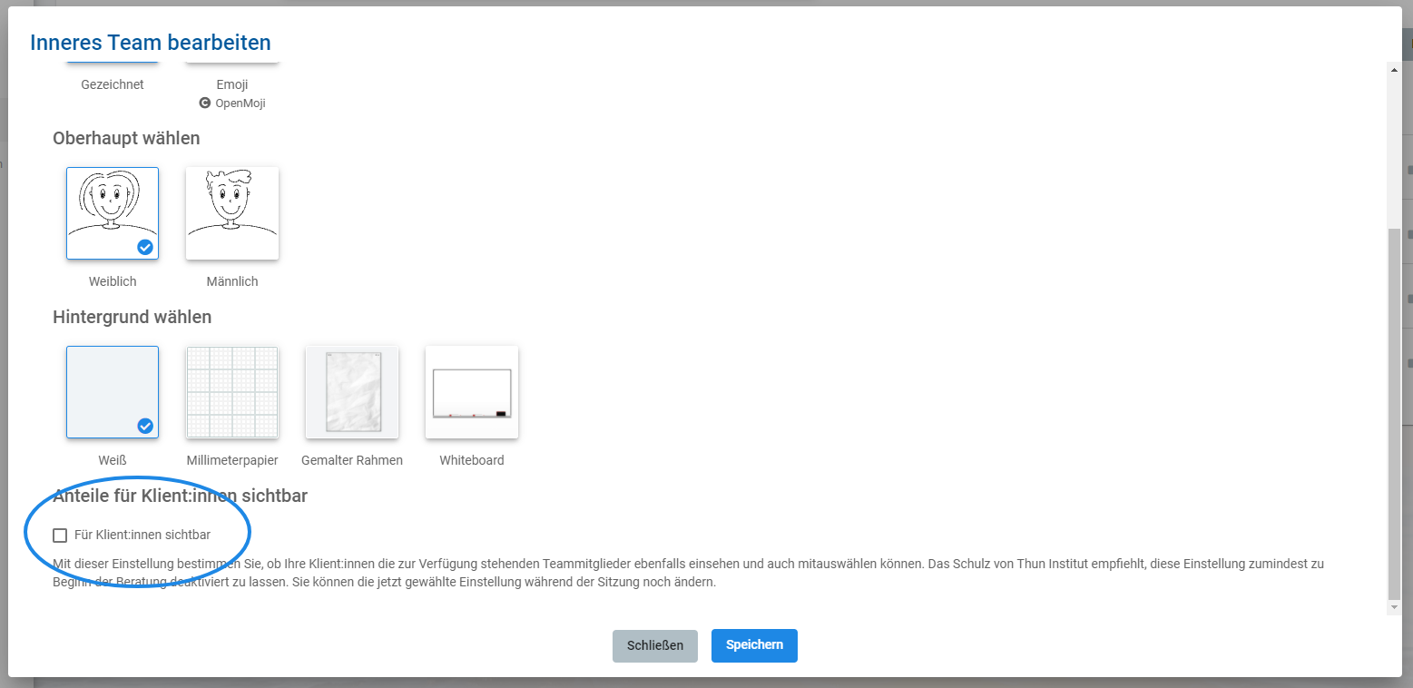 Ob die Klient:innen die Auswahl der Teammitglieder sehen k&ouml;nnen oder nicht, l&auml;sst sich beim Erstellen eines Inneren Teams &uuml;ber die umkreiste Auswahlbox einstellen.