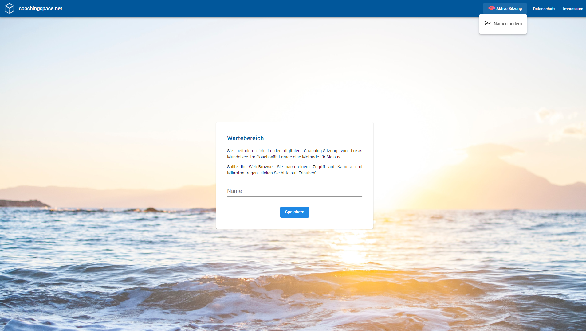 Klient:innen werden von nun an im Wartebereich nach Ihrem Namen gefragt. Die Eingabe ist freiwillig. Wer es vergisst, klickt oben rechts auf &ldquo;Aktive Sitzung&rdquo; und kann dort seinen Namen noch nachtr&auml;glich eingeben.