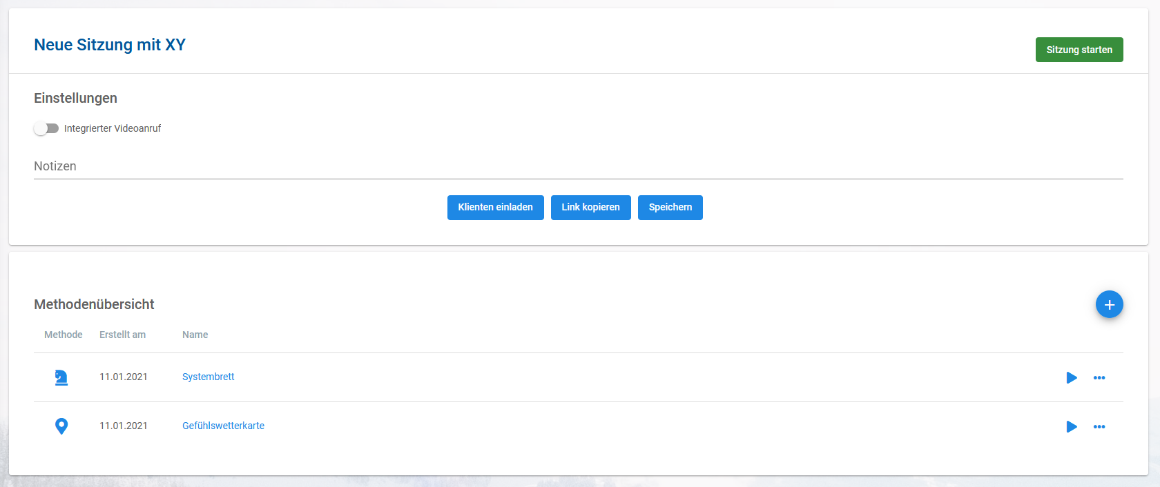 Das Men&uuml; der neuen Sitzungsverwaltung im Coachingspace