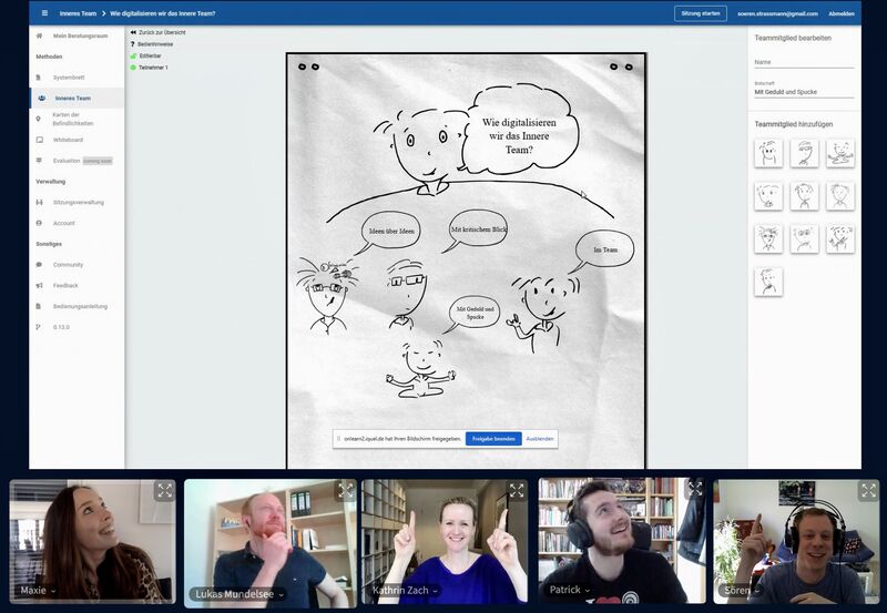 Wie muss die derzeitige Version unseres Coachingspace Inneren Teams noch überarbeitet werden, damit es erstes offizielles Kooperationstool wird – das diskutierten wir gemeinsam mit Kathrin Zach und Maxie Schulz von Thun vom Schulz von Thun Institut