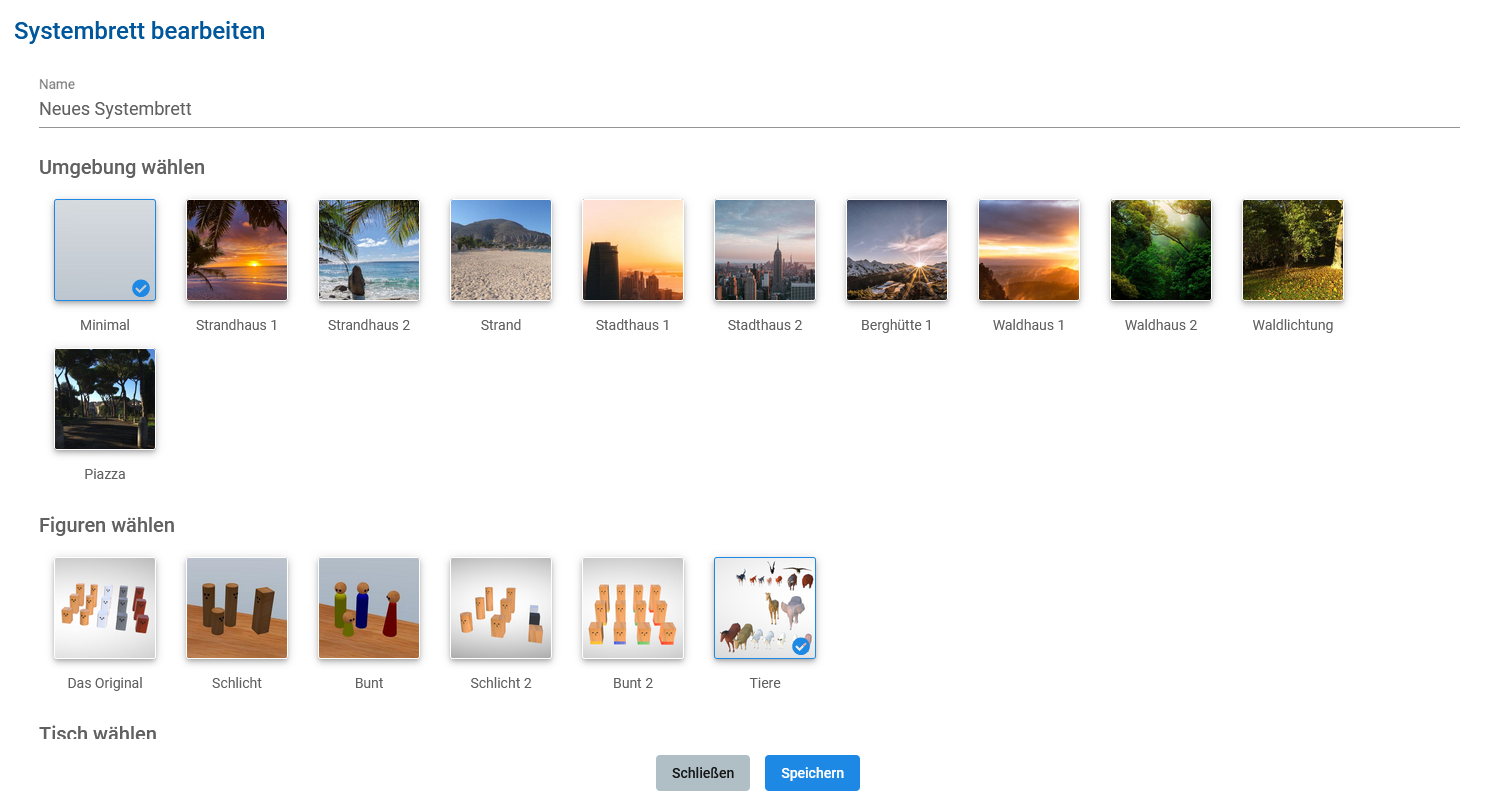 Die Tiere lassen sich beim Erstellen eines neues Systembretts unter &ldquo;Figuren&rdquo; ausw&auml;hlen (siehe unten rechts)