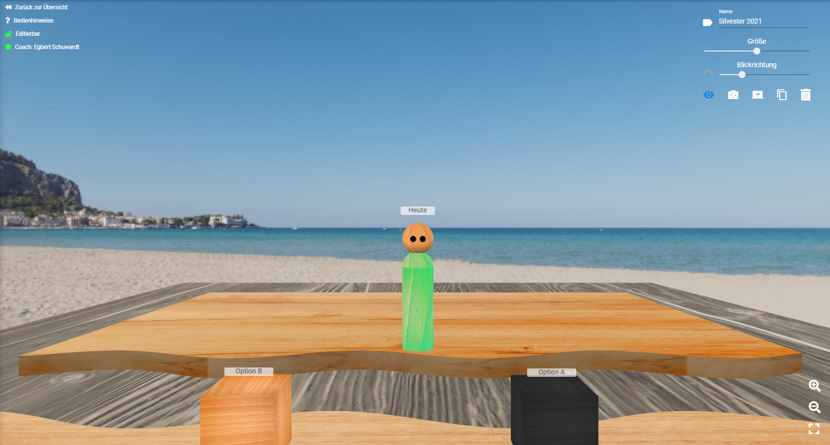 Aus der Innenperspektive des Zukunfts-Ich l&auml;sst sich in den &ldquo;Punkt des Schmunzelns&rdquo; einf&uuml;hlen und anschlie&szlig;end von dort die Timeline von hinten abschreiten