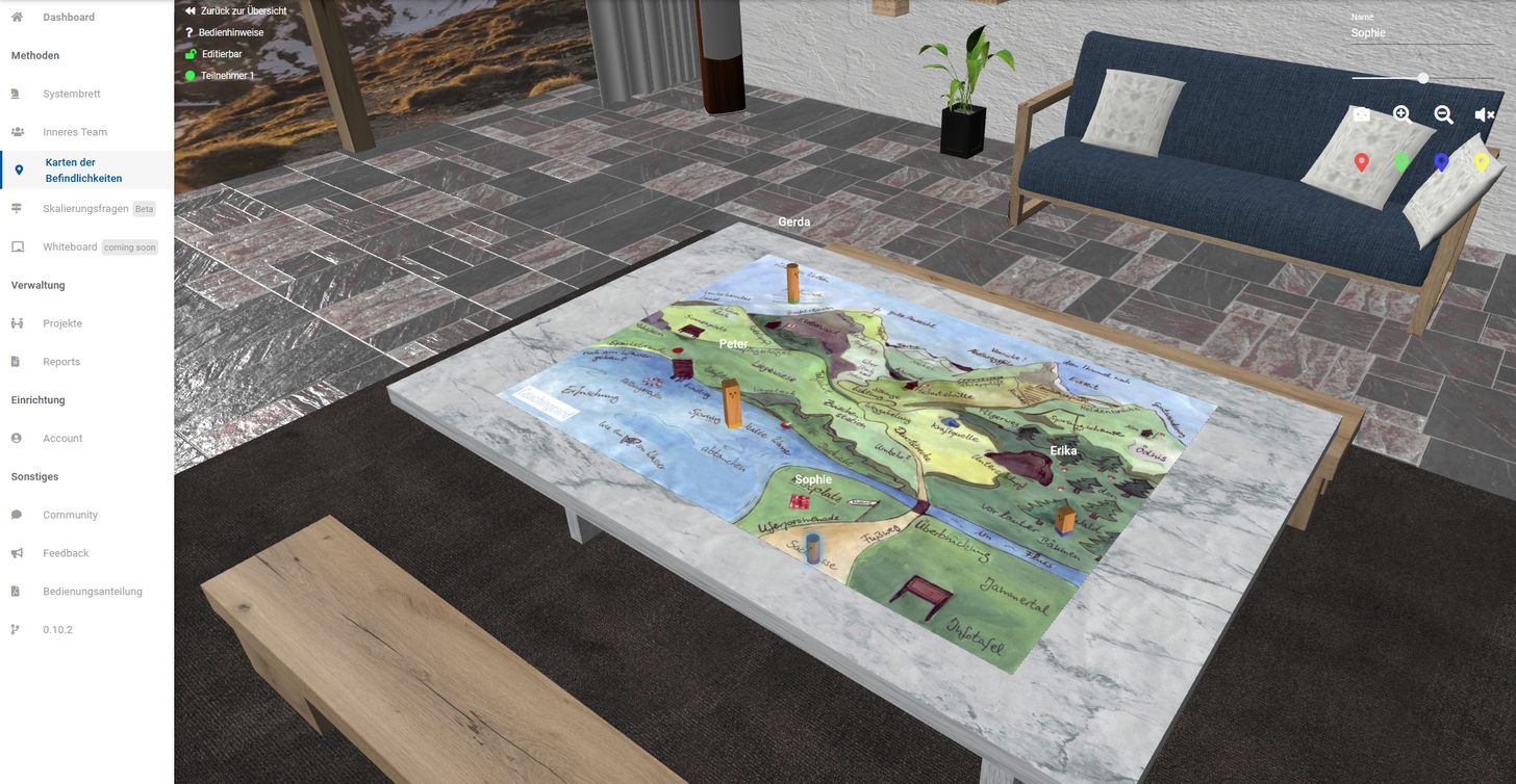 Die Landkarte der Befindlichkeiten im virtuellen Beratungszimmer: Die vom Systembrett bekannte Funktionalit&auml;t bleibt erhalten, d.h. Figuren k&ouml;nnen benannt, bewegt und rotiert werden und die Karte von allen Seiten betrachten. Neu: Es lassen sich jetzt beliebig viele neue Figuren hinzuf&uuml;gen.