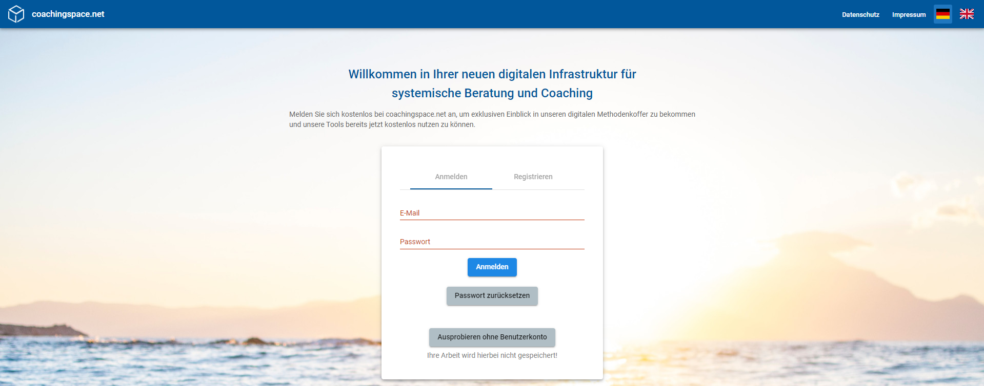 Im Startbereich findet sich die Möglichkeit, die Sprache umzustellen, direkt oben rechts über die kleinen Flaggen